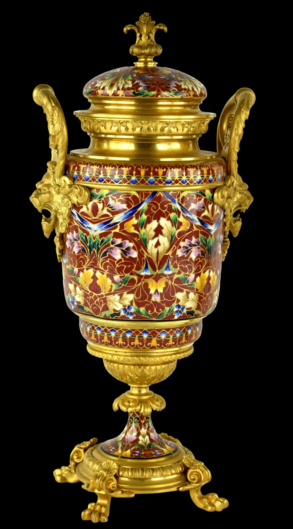 Pair Antique French Gilt Bronze Champleve Enamel Urns