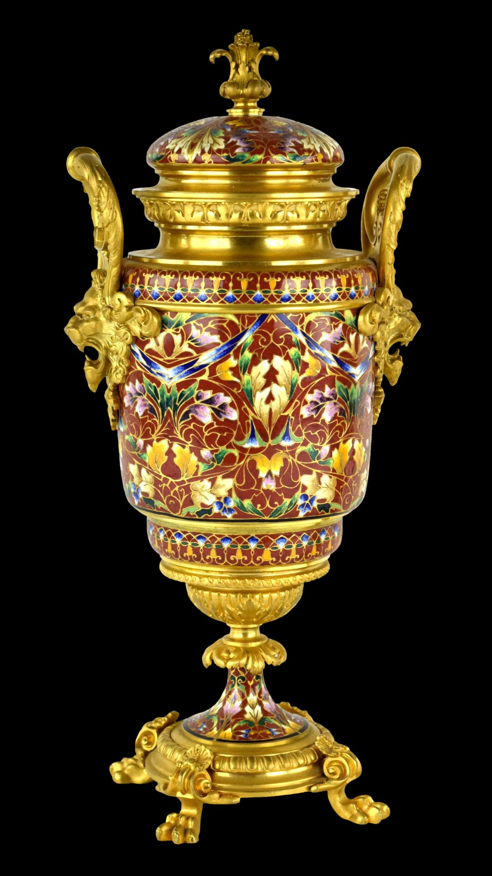 Pair Antique French Gilt Bronze Champleve Enamel Urns
