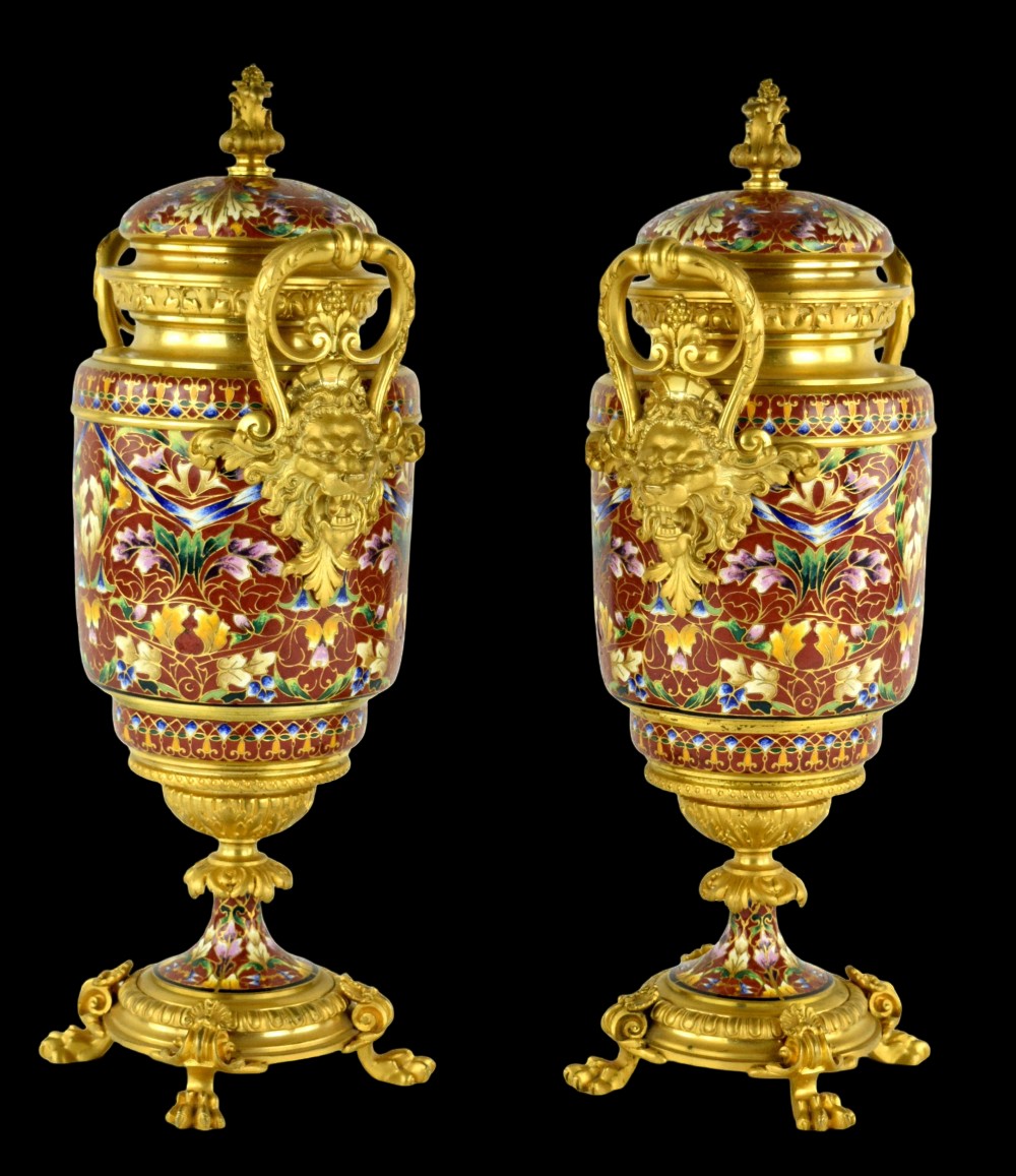 Pair Antique French Gilt Bronze Champleve Enamel Urns