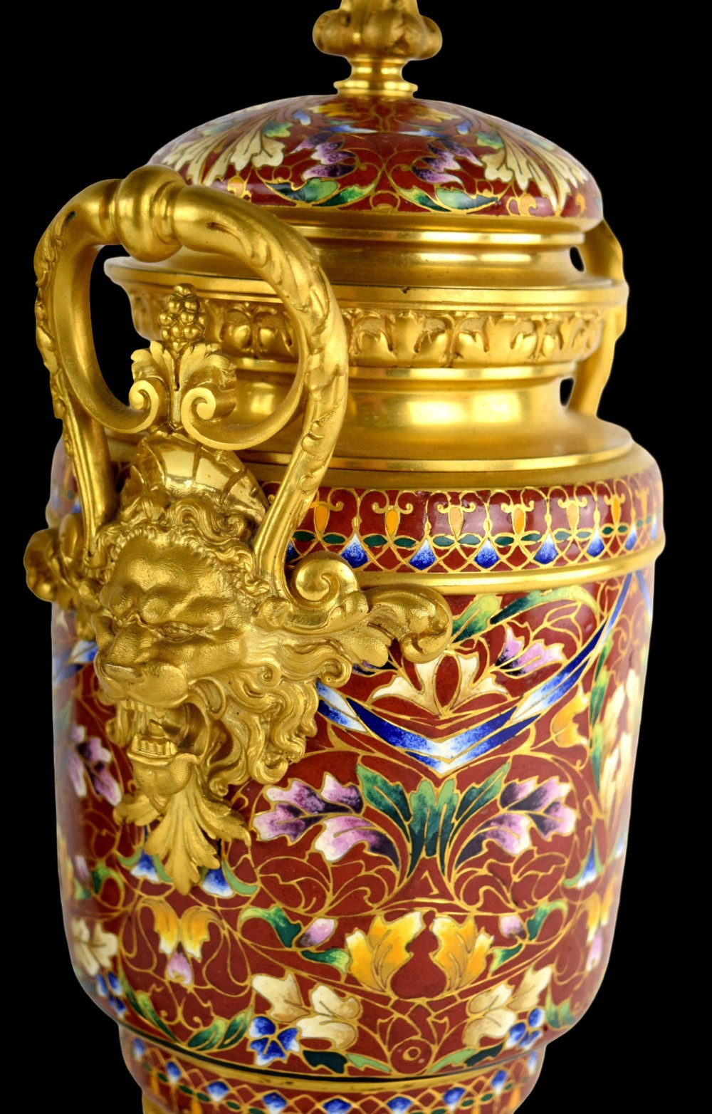 Pair Antique French Gilt Bronze Champleve Enamel Urns