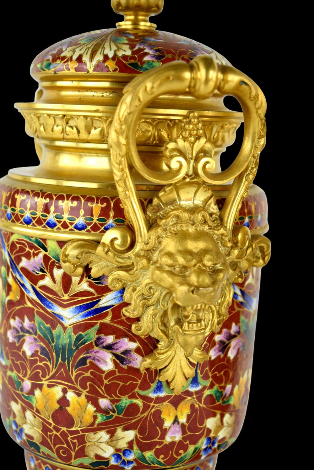 Pair Antique French Gilt Bronze Champleve Enamel Urns