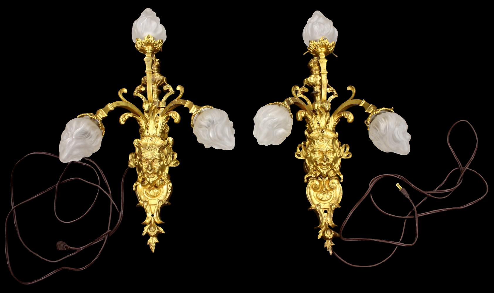 Pair of 19th Century Baroque Style Bronze Dore Sconces with Satyr Masks