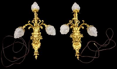 Pair of 19th Century Baroque Style Bronze Dore Sconces with Satyr Masks. Pair of 19th Century 