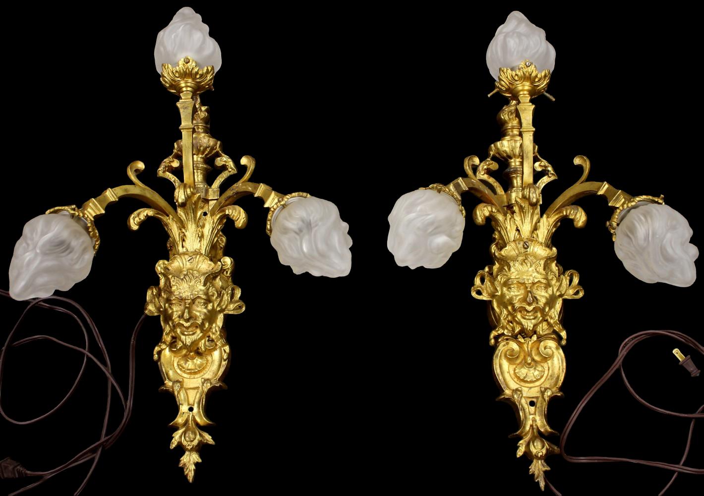Pair of 19th Century Baroque Style Bronze Dore Sconces with Satyr Masks
