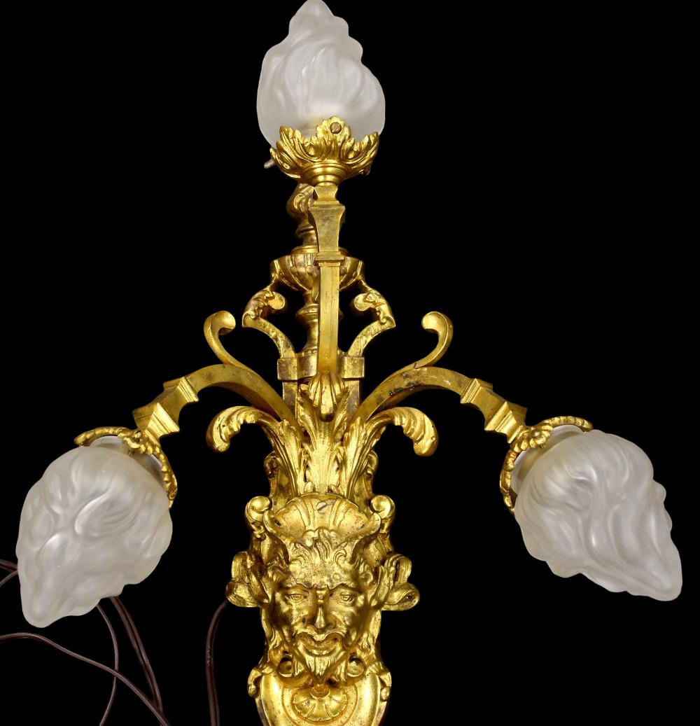 Pair of 19th Century Baroque Style Bronze Dore Sconces with Satyr Masks