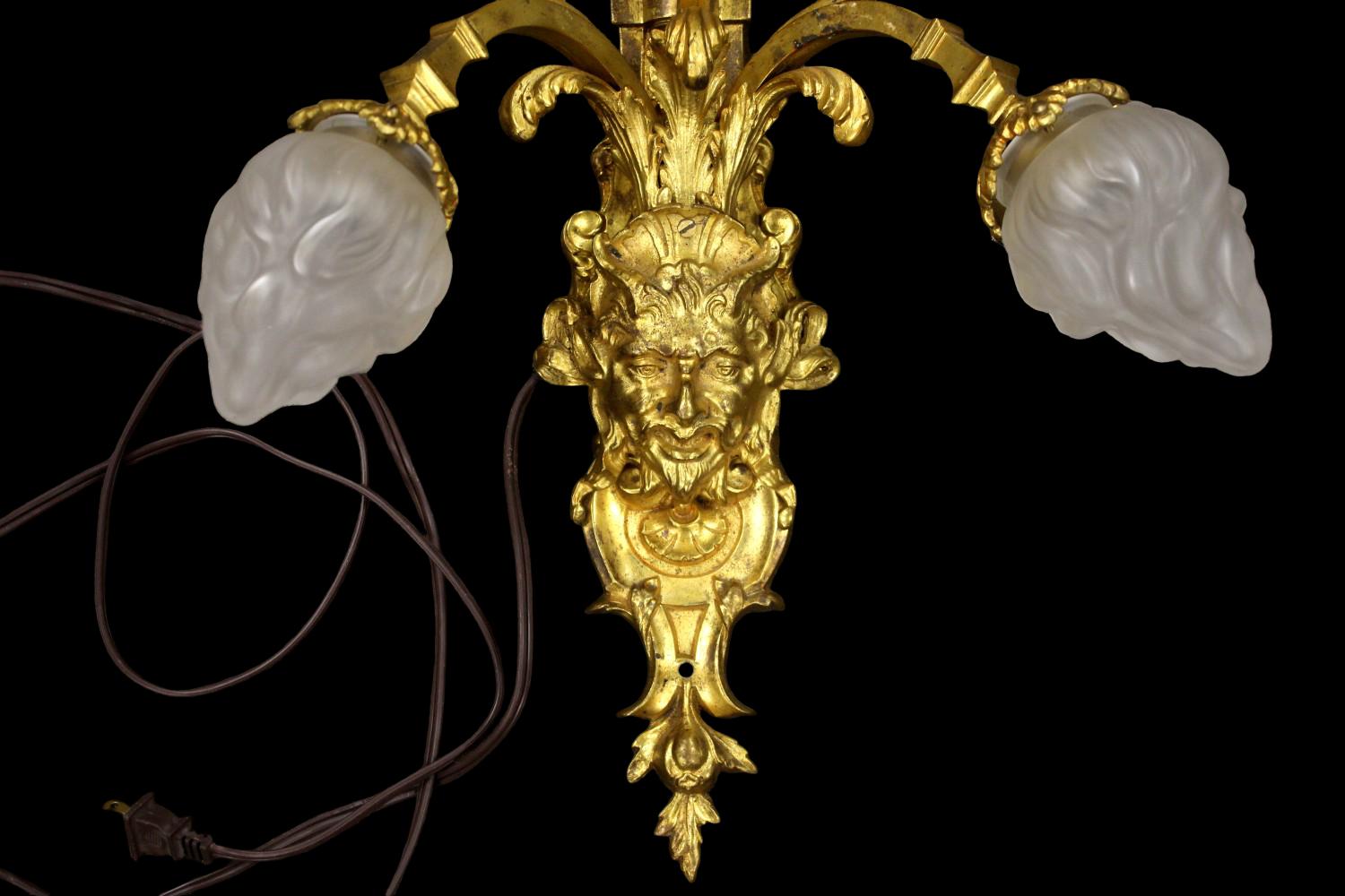 Pair of 19th Century Baroque Style Bronze Dore Sconces with Satyr Masks