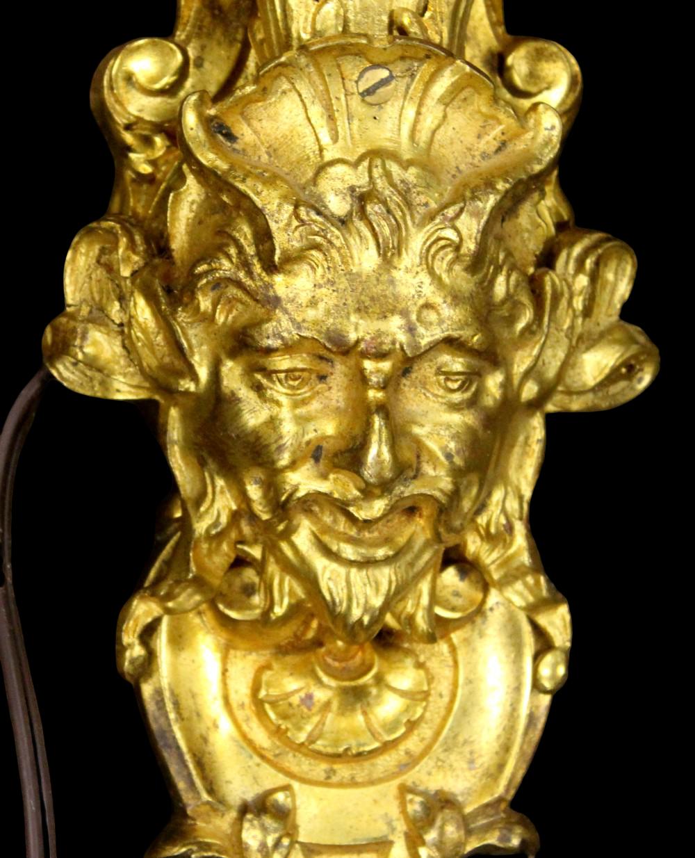 Pair of 19th Century Baroque Style Bronze Dore Sconces with Satyr Masks