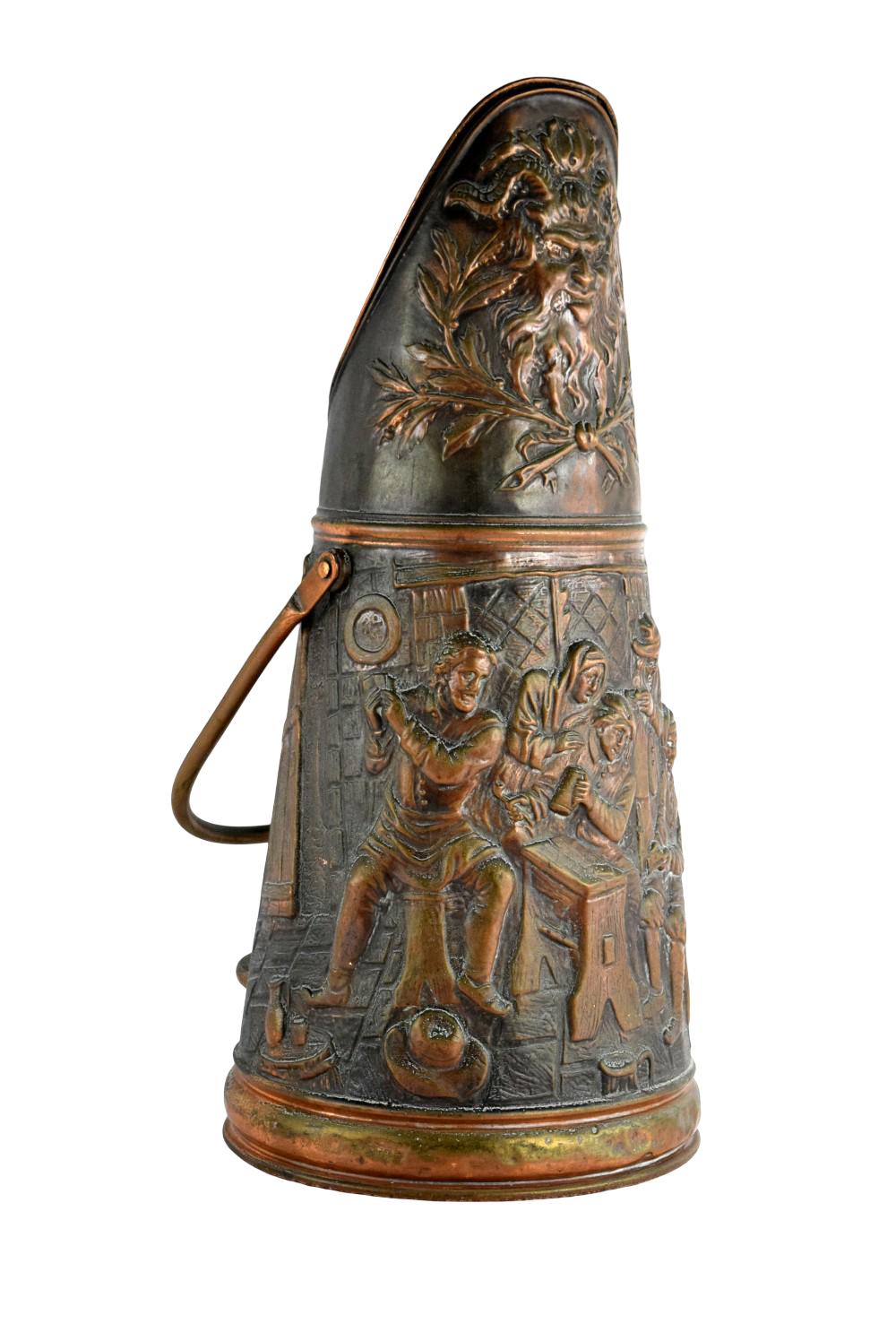 Antique French Copper Coal Scuttle Repousse Fireplace Bucket 19th Century