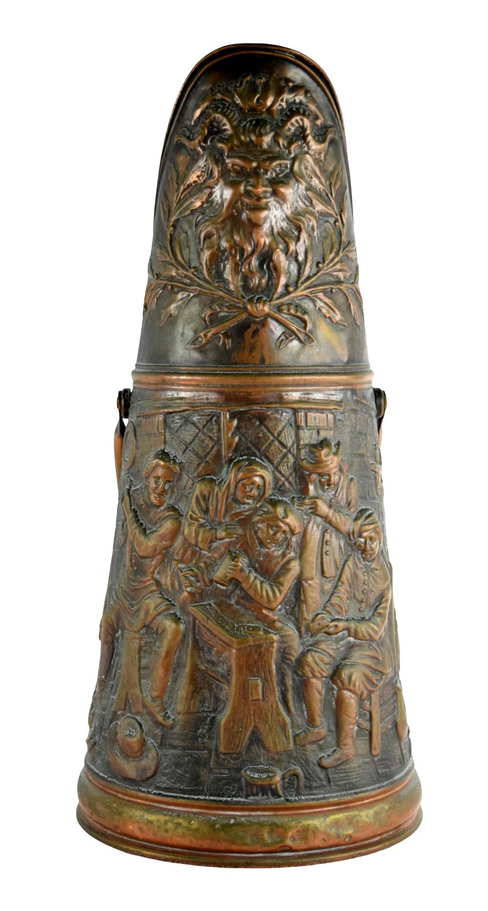 Antique French Copper Coal Scuttle Repousse Fireplace Bucket 19th Century