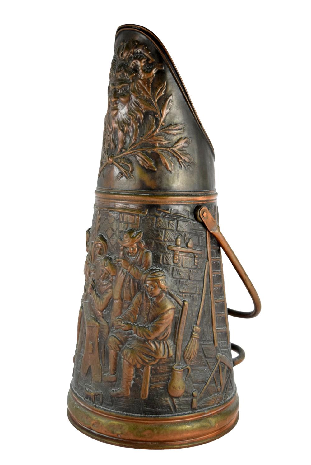 Antique French Copper Coal Scuttle Repousse Fireplace Bucket 19th Century