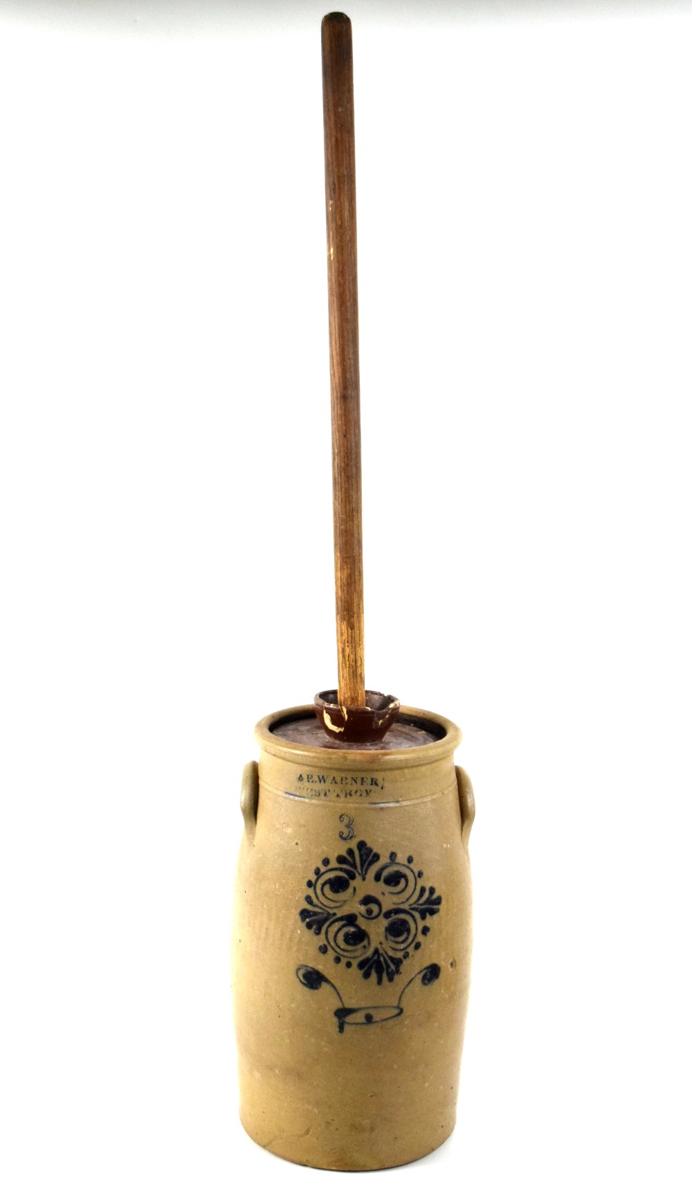 Antique 19th Century Wm E Warner Floral Decorated Stoneware Butter Churn