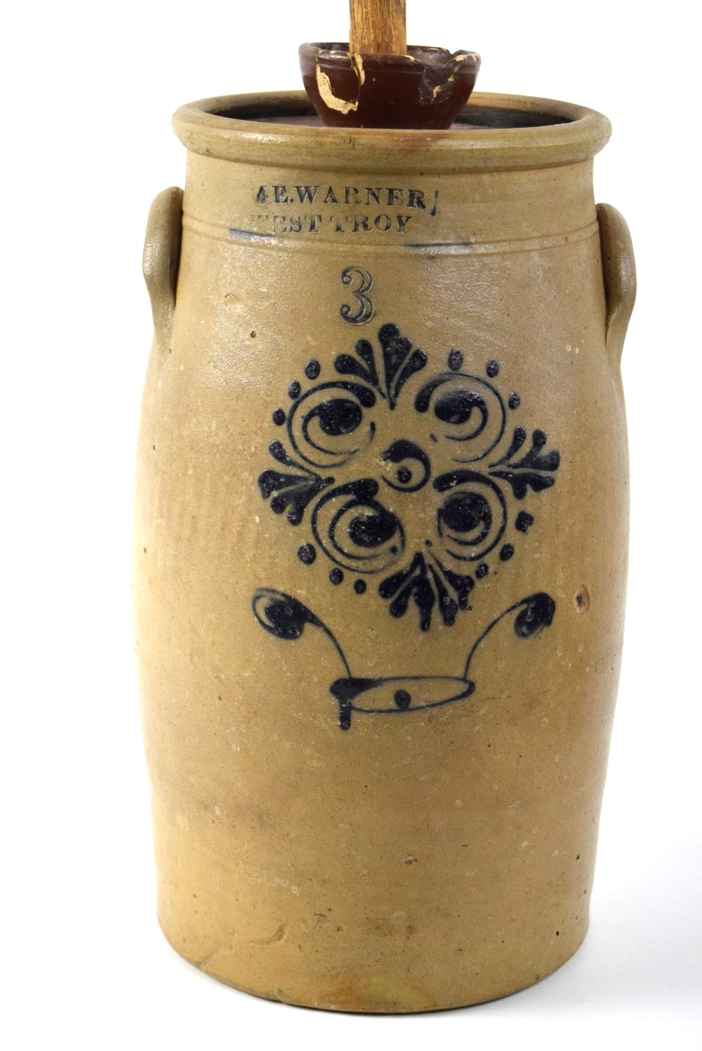 Antique 19th Century Wm E Warner Floral Decorated Stoneware Butter Churn