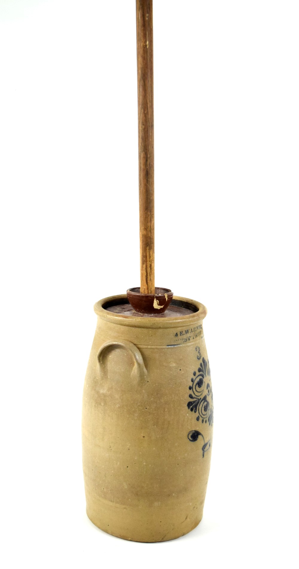 Antique 19th Century Wm E Warner Floral Decorated Stoneware Butter Churn