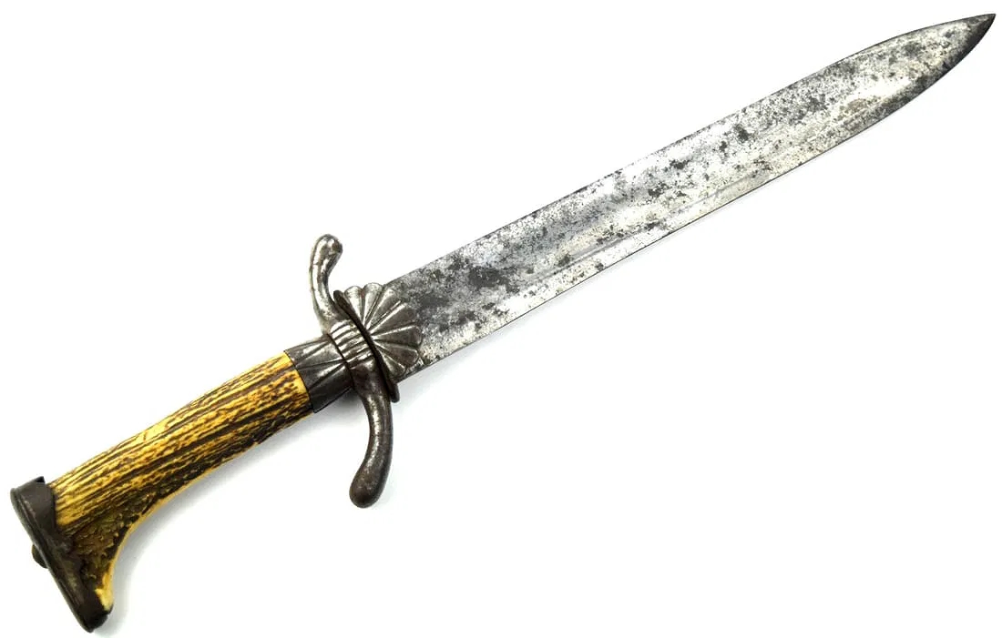 Strong 19th C. German or Austrian Hunting Dagger Knife Short Sword with Steel Mounts & Nice Stag Grip.