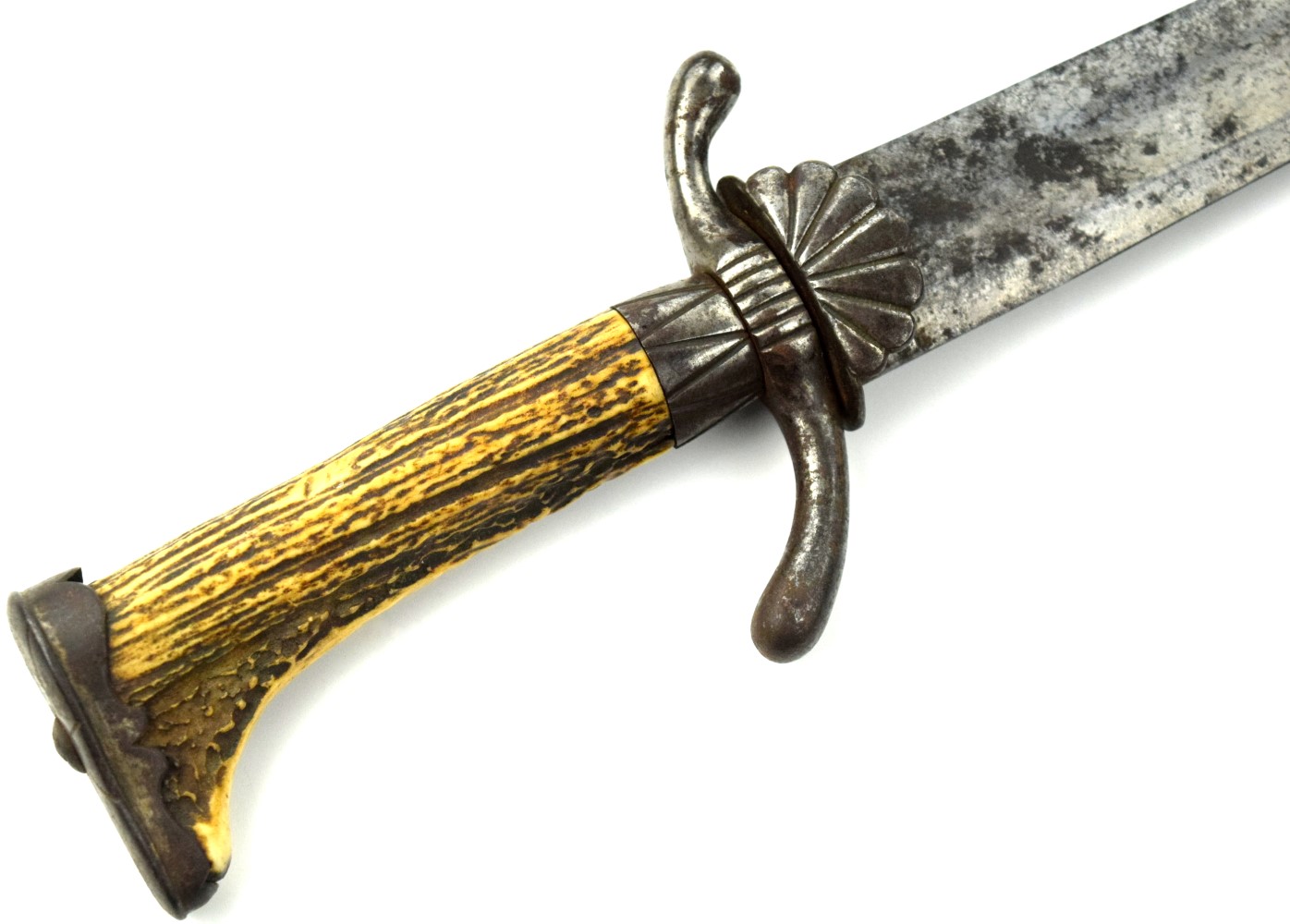 Strong 19th C. German or Austrian Hunting Dagger Knife Short Sword with Steel Mounts & Nice Stag Grip.