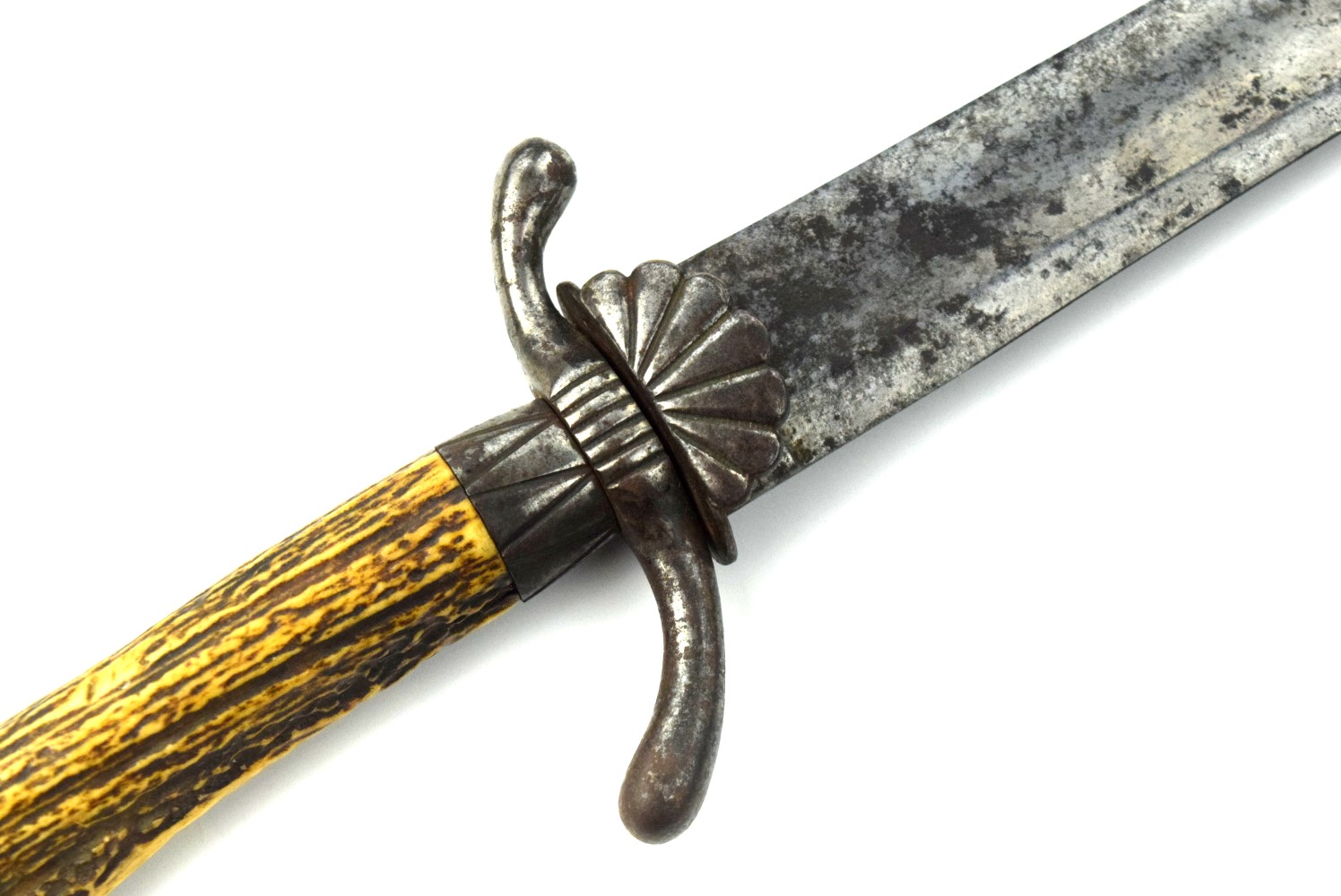 Strong 19th C. German or Austrian Hunting Dagger Knife Short Sword with Steel Mounts & Nice Stag Grip.