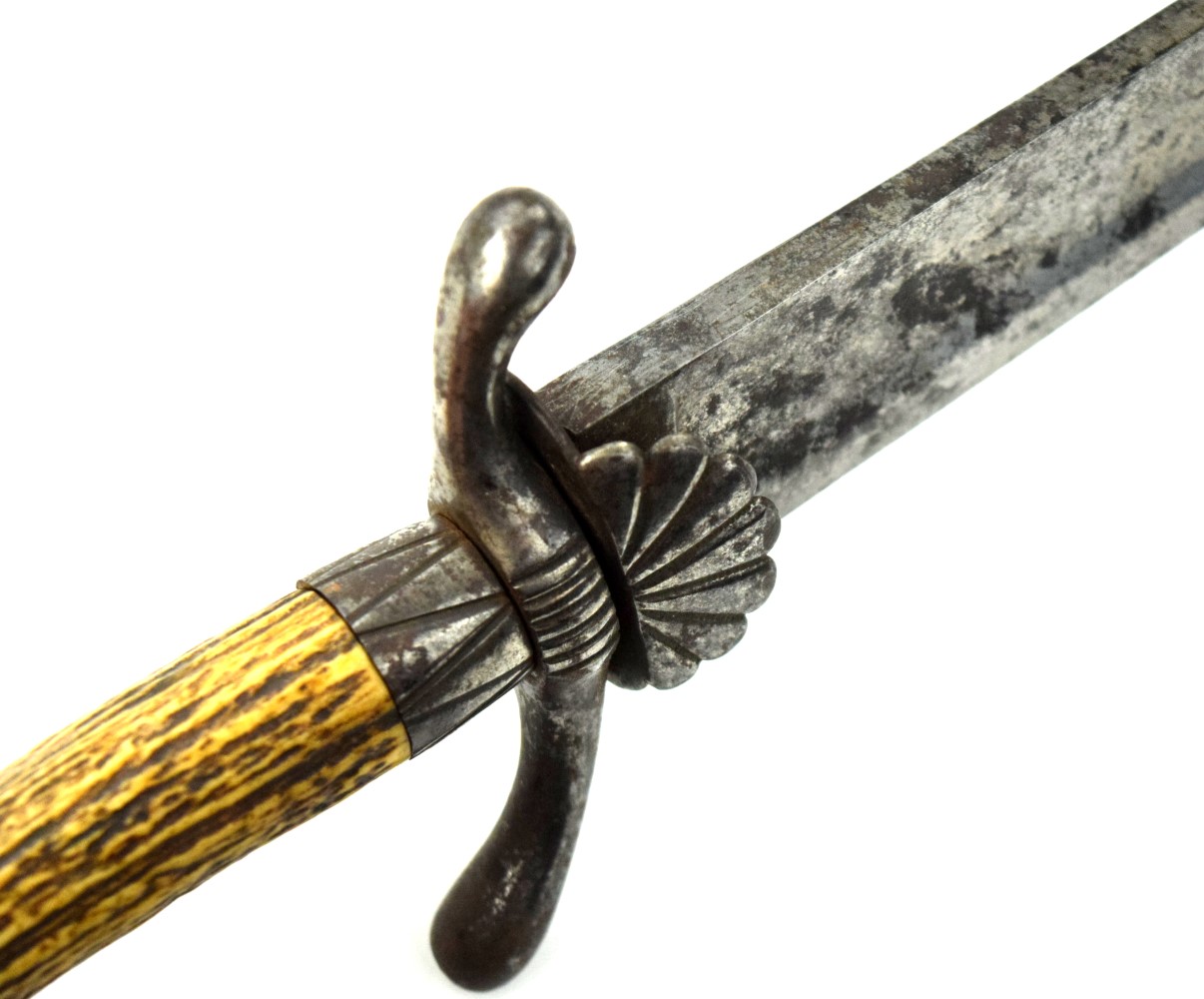 Strong 19th C. German or Austrian Hunting Dagger Knife Short Sword with Steel Mounts & Nice Stag Grip.