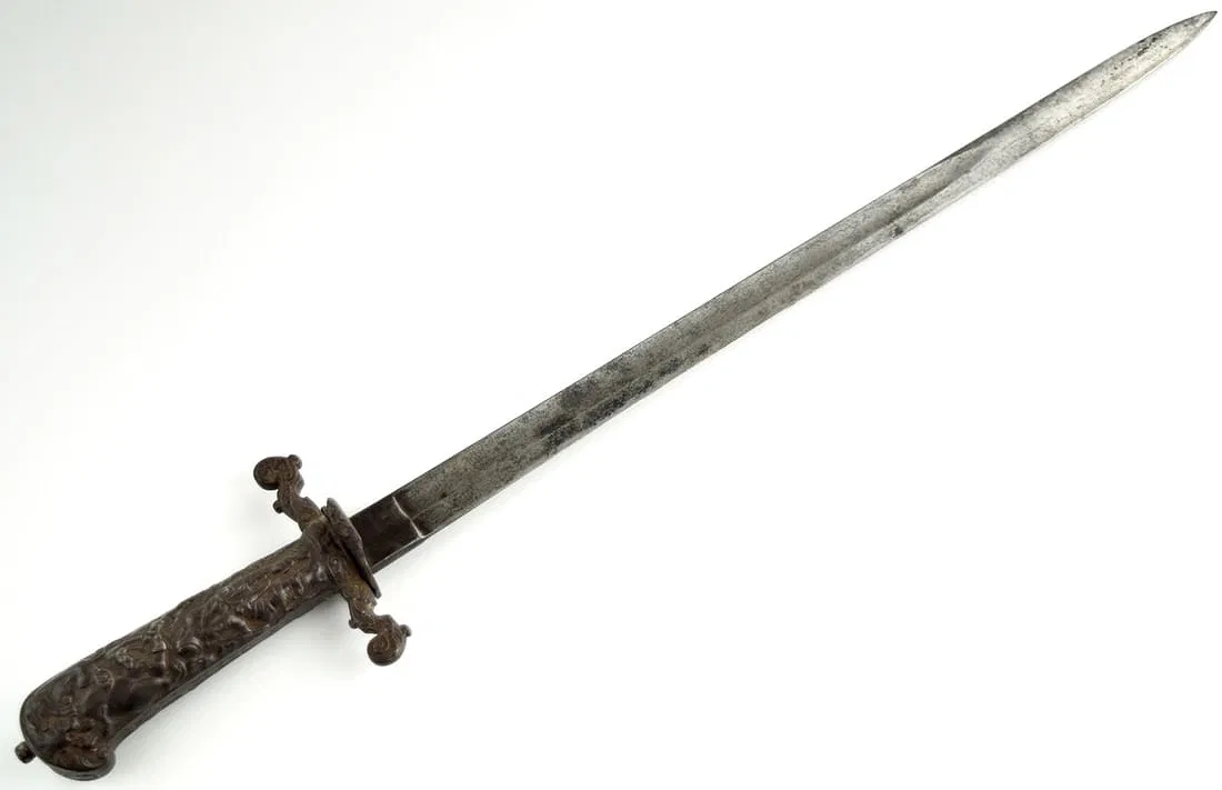 Rare 19th C. Imperial Russian or German Hunting Sword Dagger with Figural Iron Hilt Depicting Hunter & Animals Scene