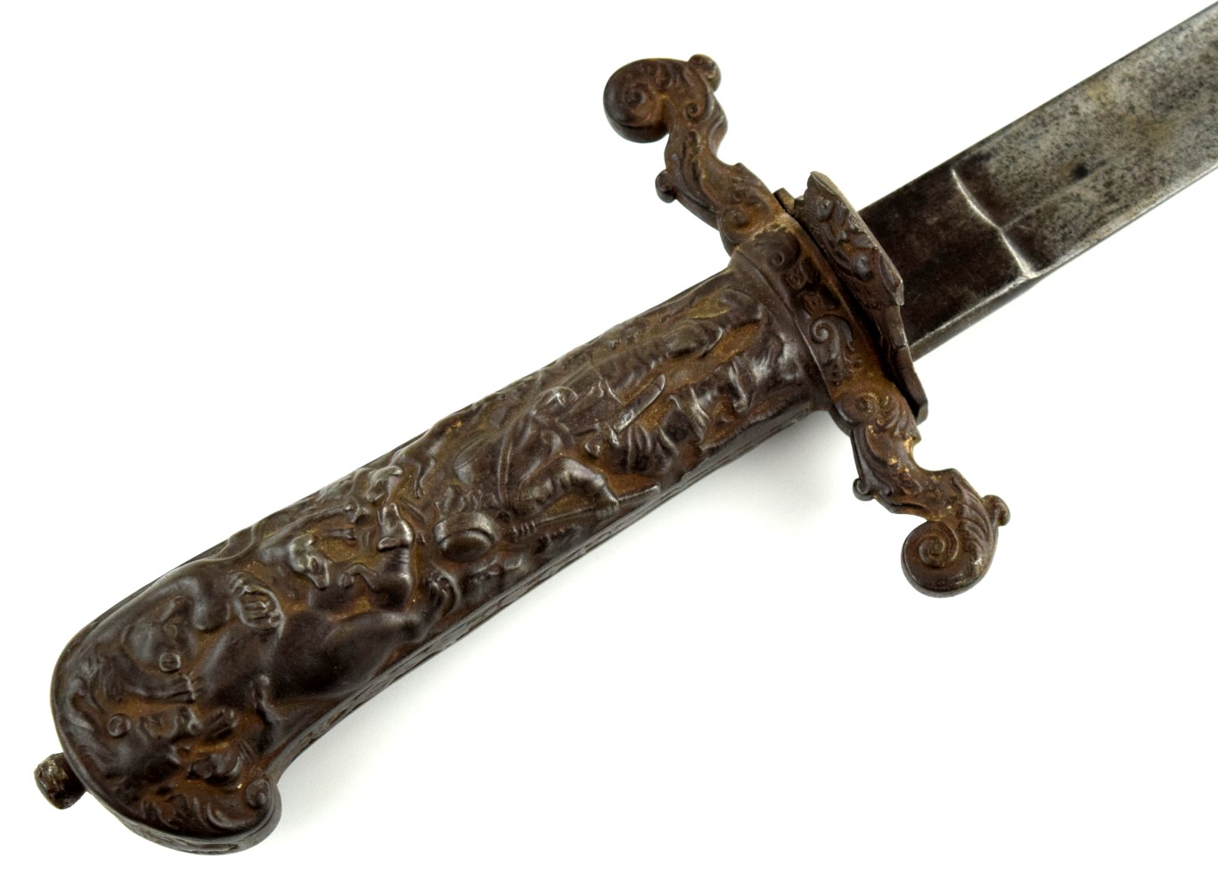 Rare 19th C. Imperial Russian or German Hunting Sword Dagger with Figural Iron Hilt Depicting Hunter & Animals Scene