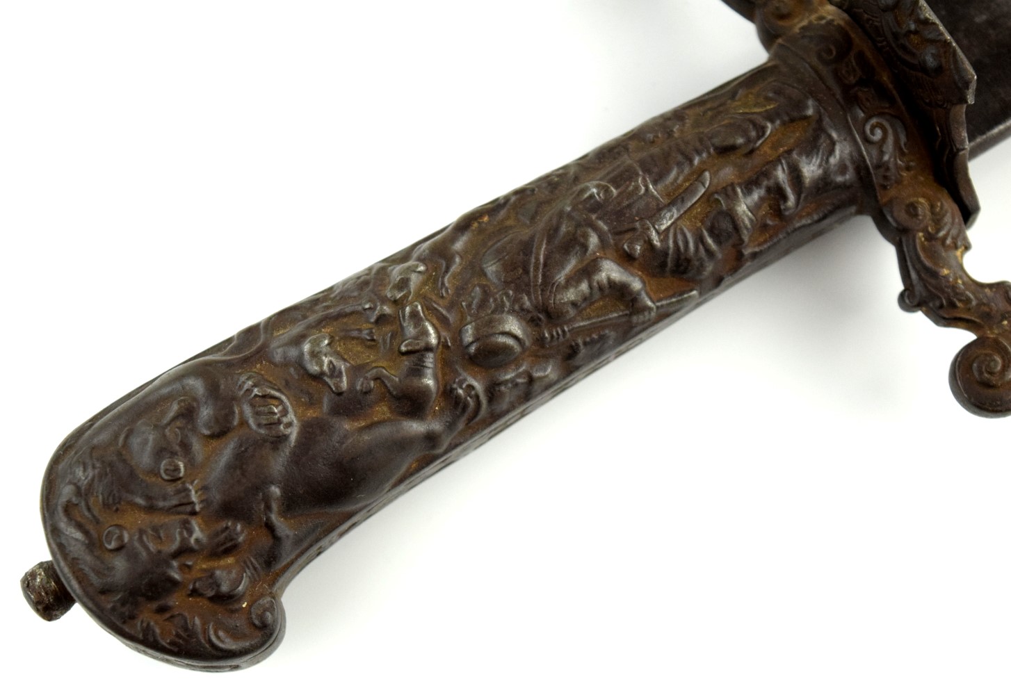 Rare 19th C. Imperial Russian or German Hunting Sword Dagger with Figural Iron Hilt Depicting Hunter & Animals Scene