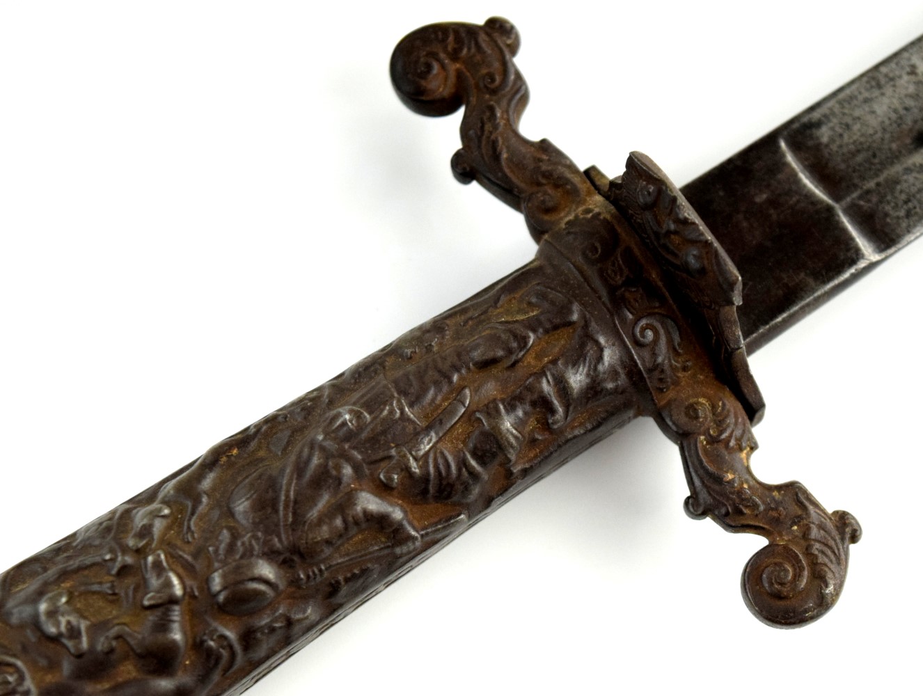 Rare 19th C. Imperial Russian or German Hunting Sword Dagger with Figural Iron Hilt Depicting Hunter & Animals Scene