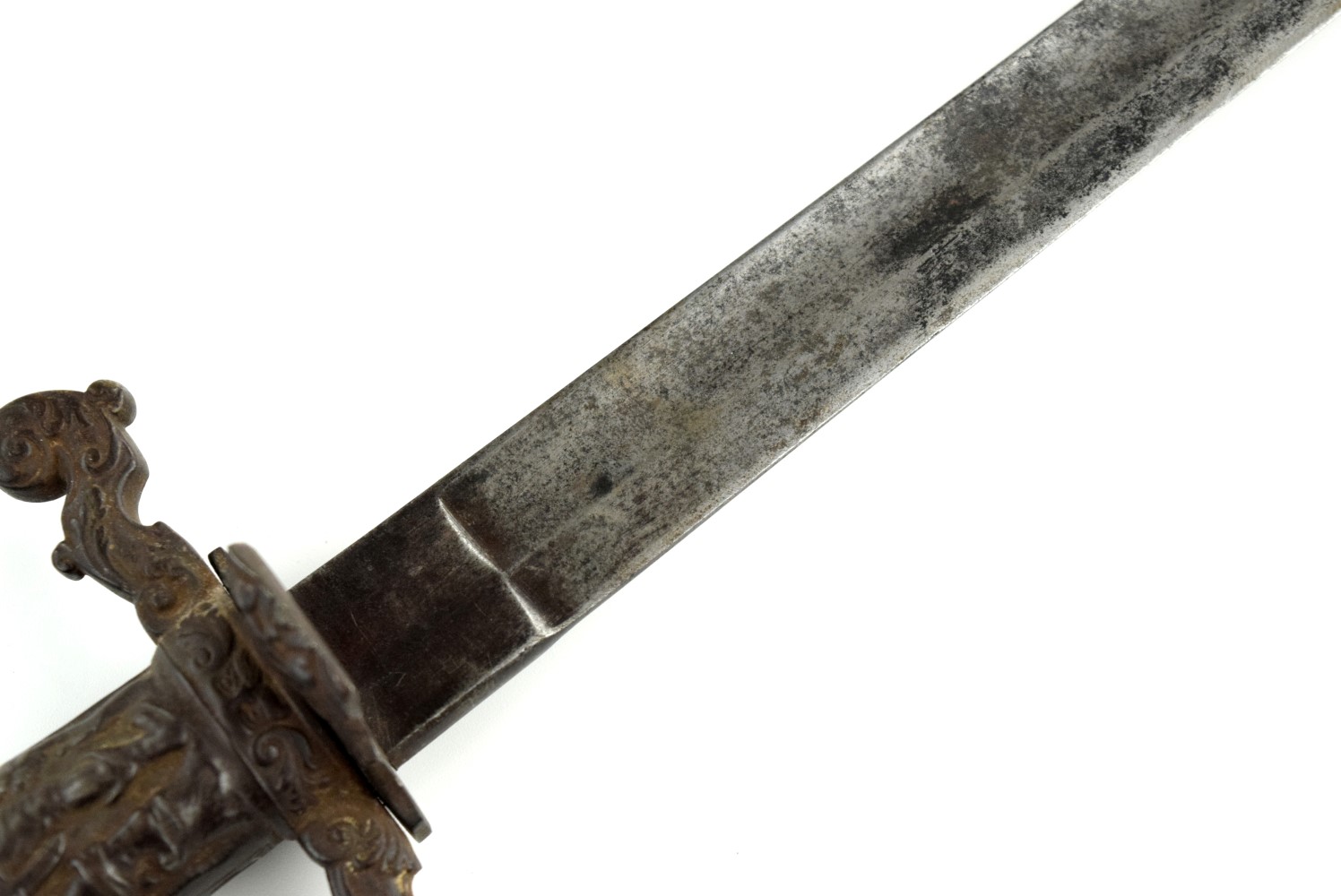 Rare 19th C. Imperial Russian or German Hunting Sword Dagger with Figural Iron Hilt Depicting Hunter & Animals Scene