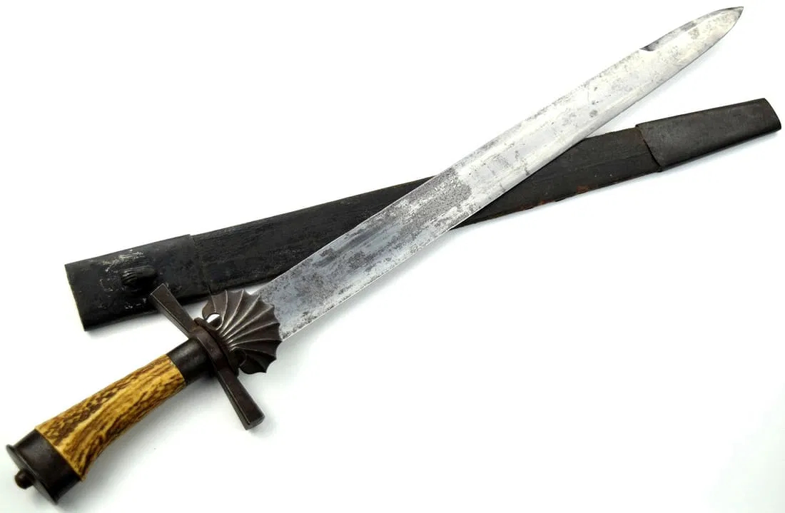 Good 19th C. German or Austrian Hunting Sword Dagger with Iron Mounts Nice Stag Grip & Maker Marked Blade.