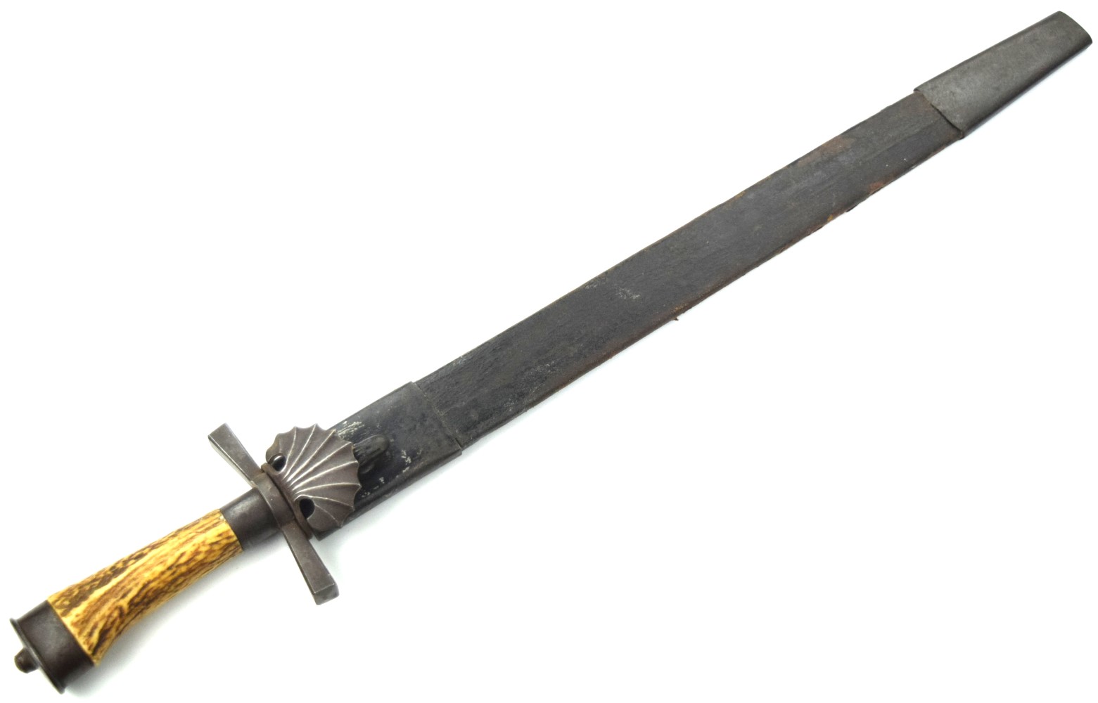 Good 19th C. German or Austrian Hunting Sword Dagger with Iron Mounts Nice Stag Grip & Maker Marked Blade.