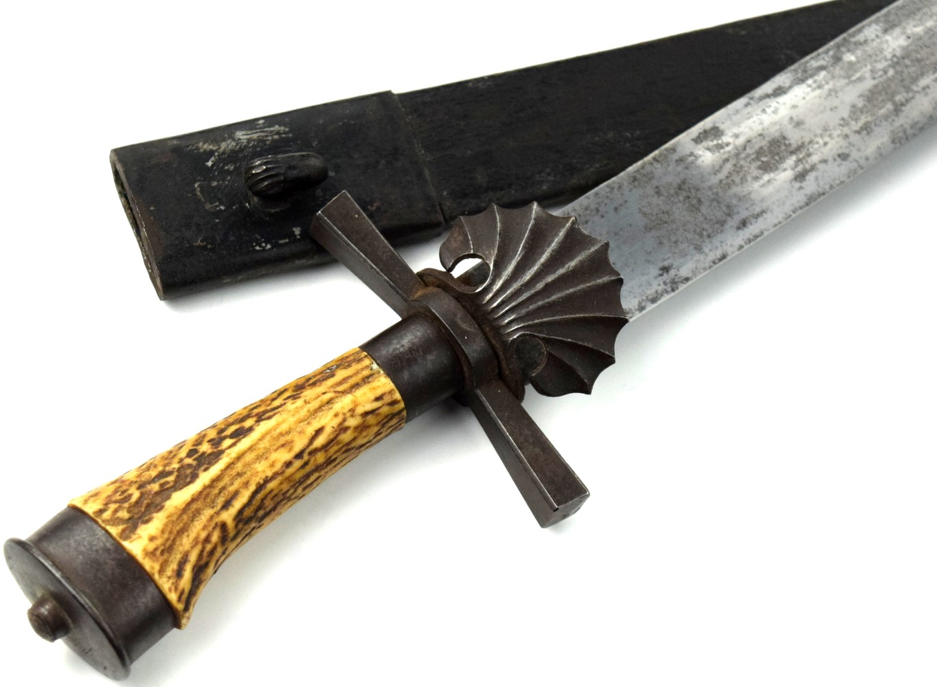 Good 19th C. German or Austrian Hunting Sword Dagger with Iron Mounts Nice Stag Grip & Maker Marked Blade.