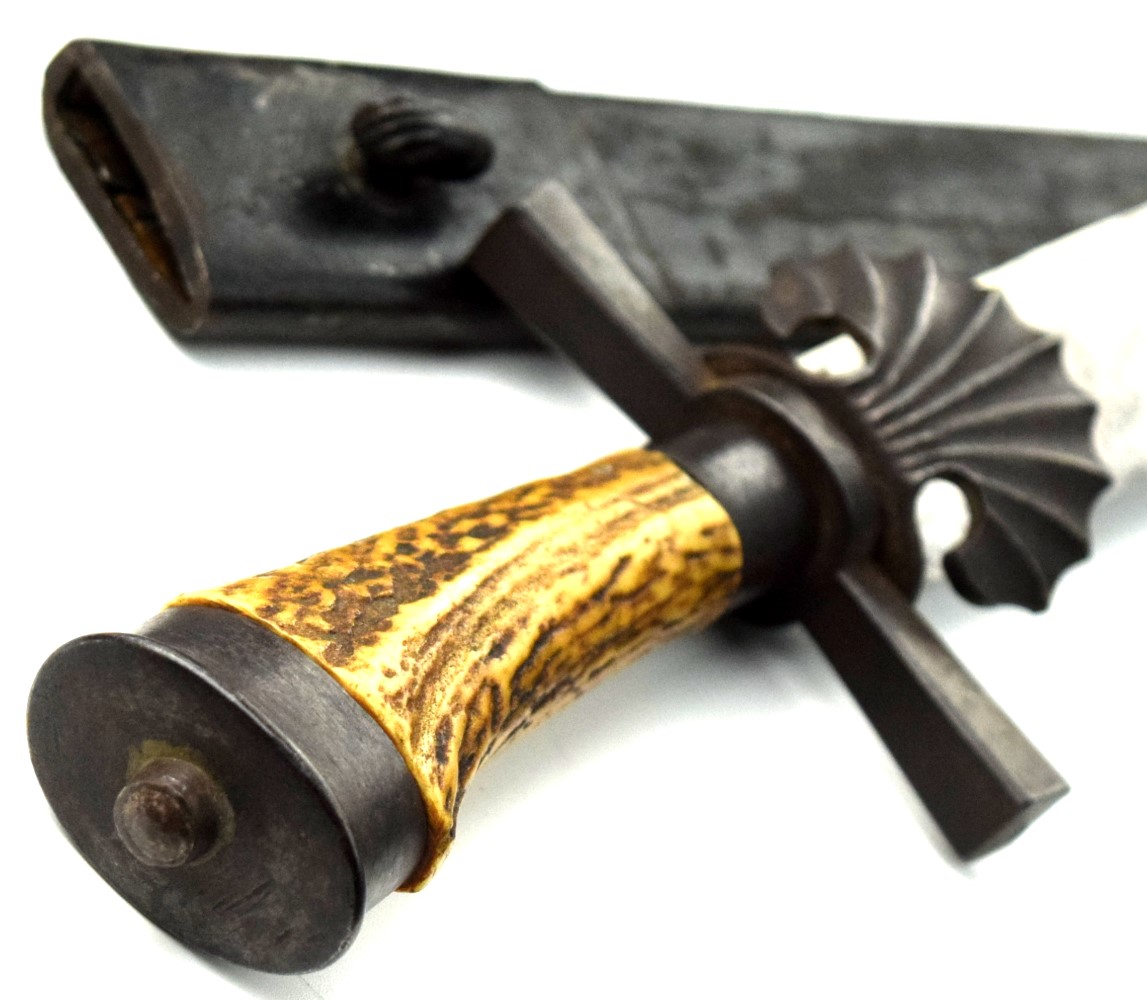 Good 19th C. German or Austrian Hunting Sword Dagger with Iron Mounts Nice Stag Grip & Maker Marked Blade.