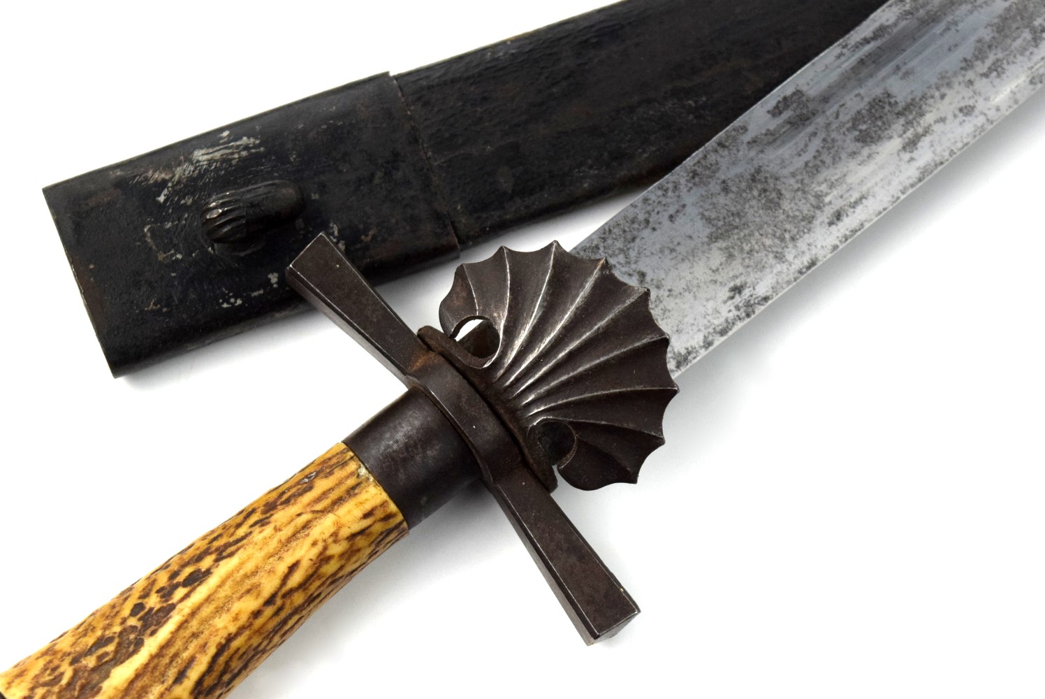 Good 19th C. German or Austrian Hunting Sword Dagger with Iron Mounts Nice Stag Grip & Maker Marked Blade.