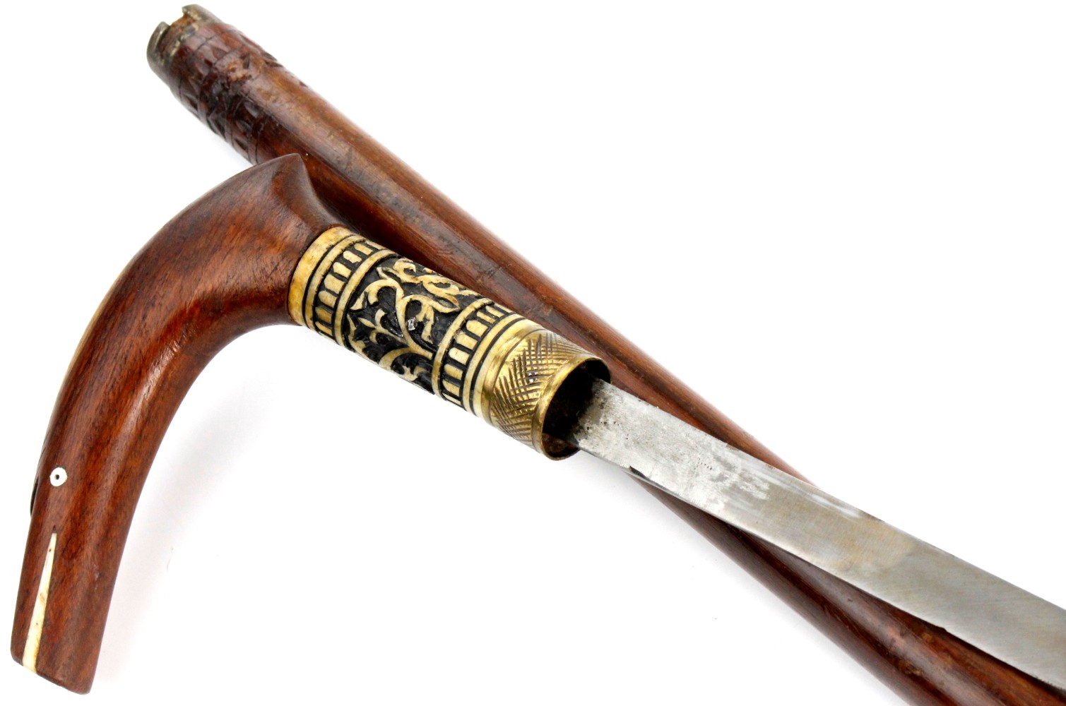 Antique Sword Cane Walking Stick with Carved Bone Mounts, Probably 19th C.