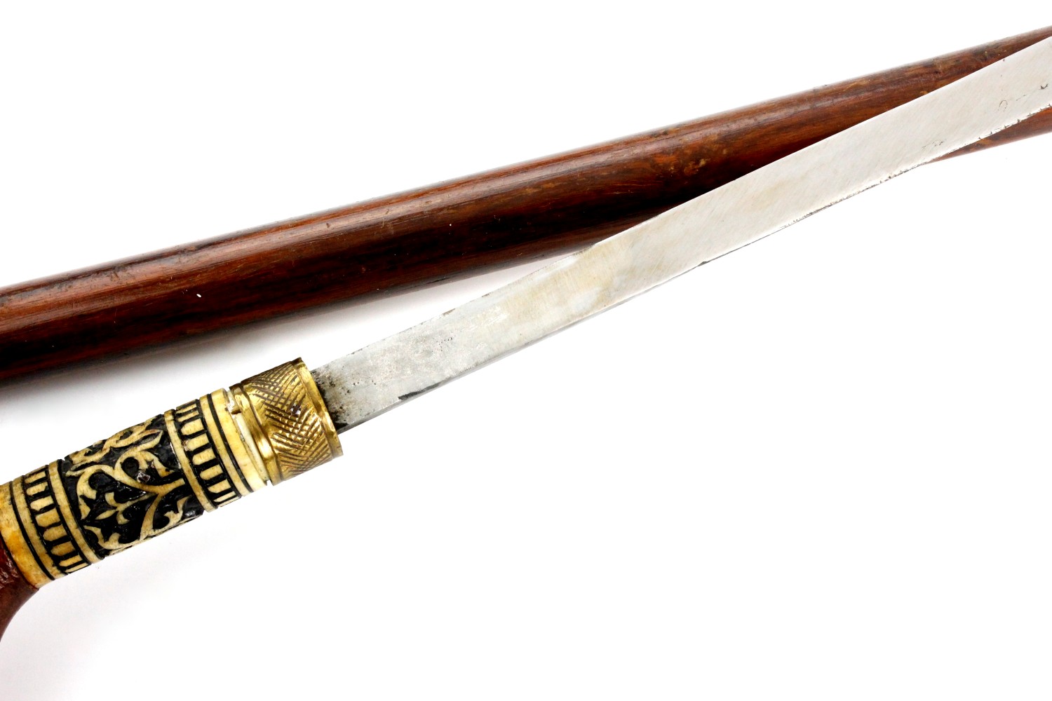 Antique Sword Cane Walking Stick with Carved Bone Mounts, Probably 19th C.