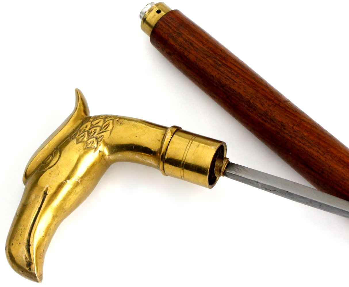 Very Nice Vintage or Antique Sword Cane Walking Stick, Solid Brass Mace like Eagle Head Grip, Strong Thrusting Blade of Square Section.