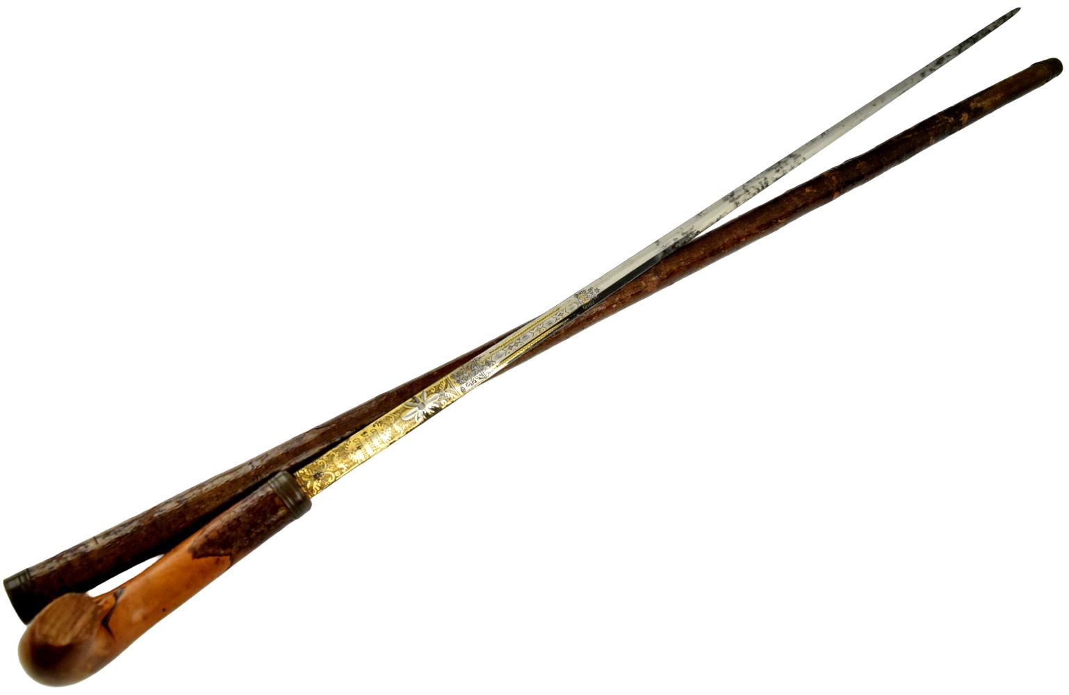 Late 18th Century Antique Walking Cane with gold inlaid sword blade.
