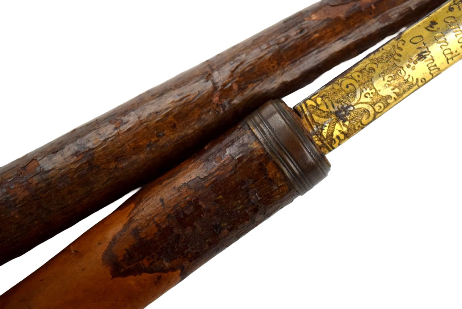 Late 18th Century Antique Walking Cane with gold inlaid sword blade.