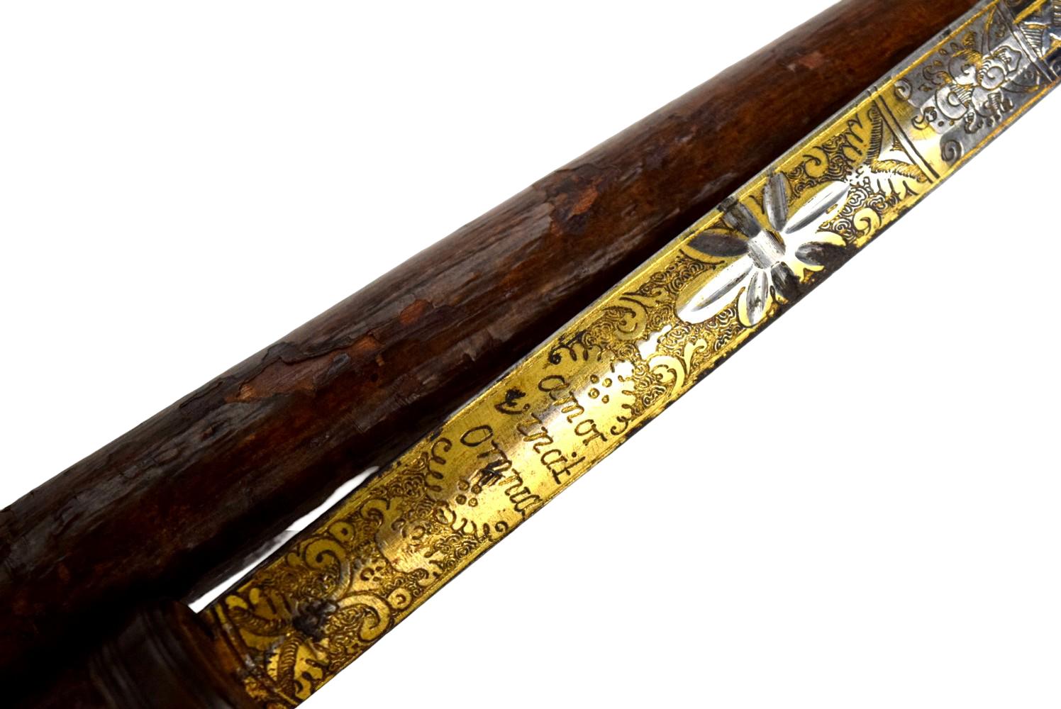 Late 18th Century Antique Walking Cane with gold inlaid sword blade.