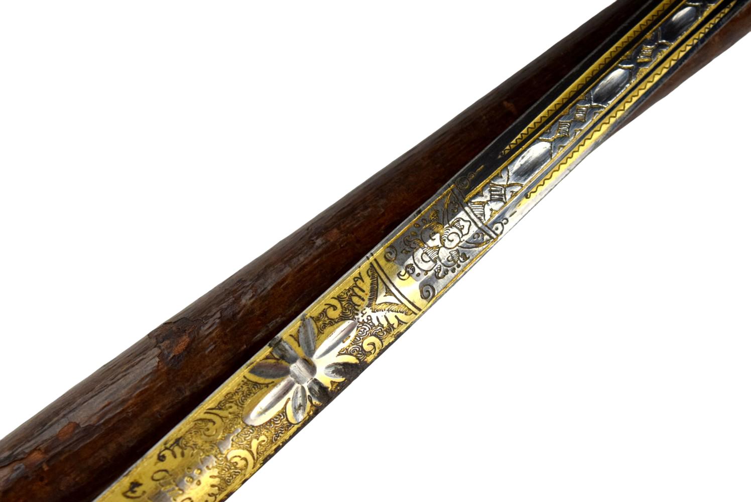 Late 18th Century Antique Walking Cane with gold inlaid sword blade.