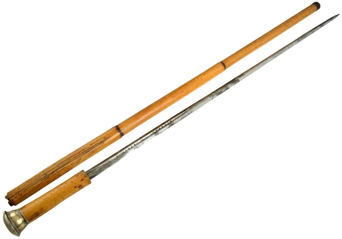 19th Century Victorian Bamboo Sword Cane with Monogrammed Metal Pommel, steel blade of 18th Century