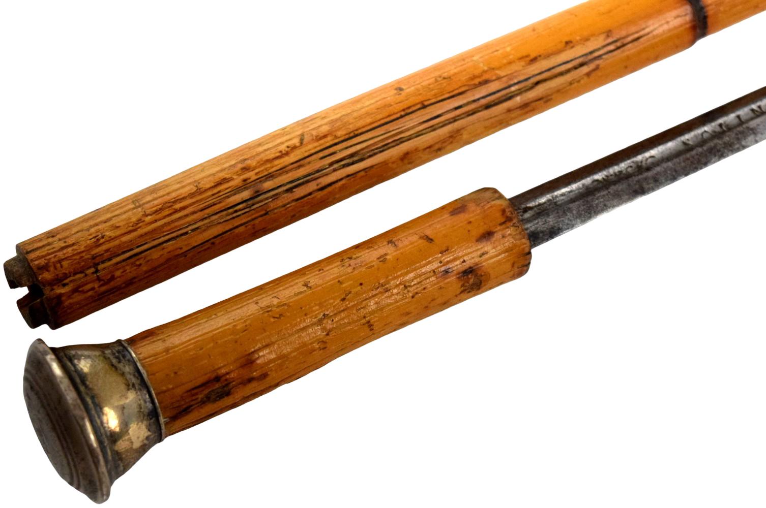 19th Century Victorian Bamboo Sword Cane with Monogrammed Metal Pommel, steel blade of 18th Century