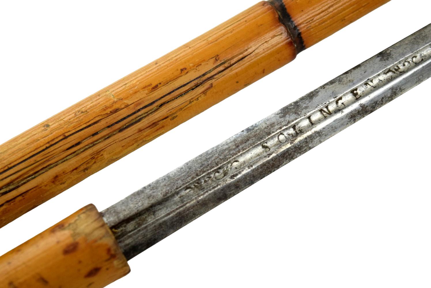 19th Century Victorian Bamboo Sword Cane with Monogrammed Metal Pommel, steel blade of 18th Century