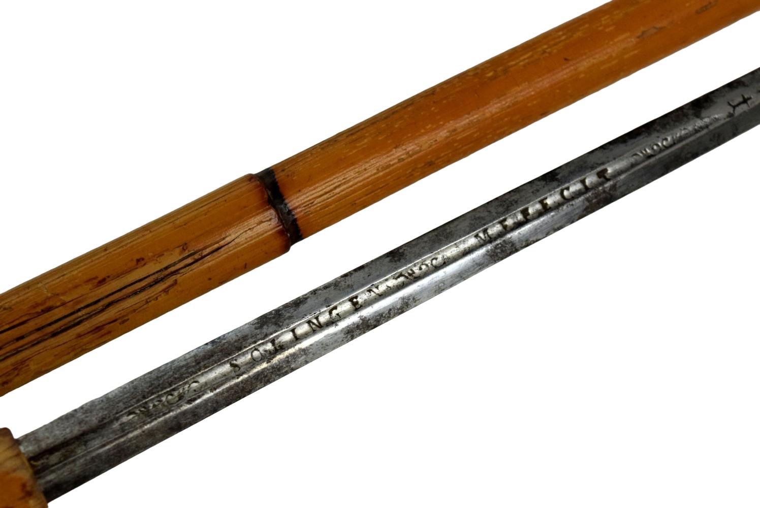 19th Century Victorian Bamboo Sword Cane with Monogrammed Metal Pommel, steel blade of 18th Century