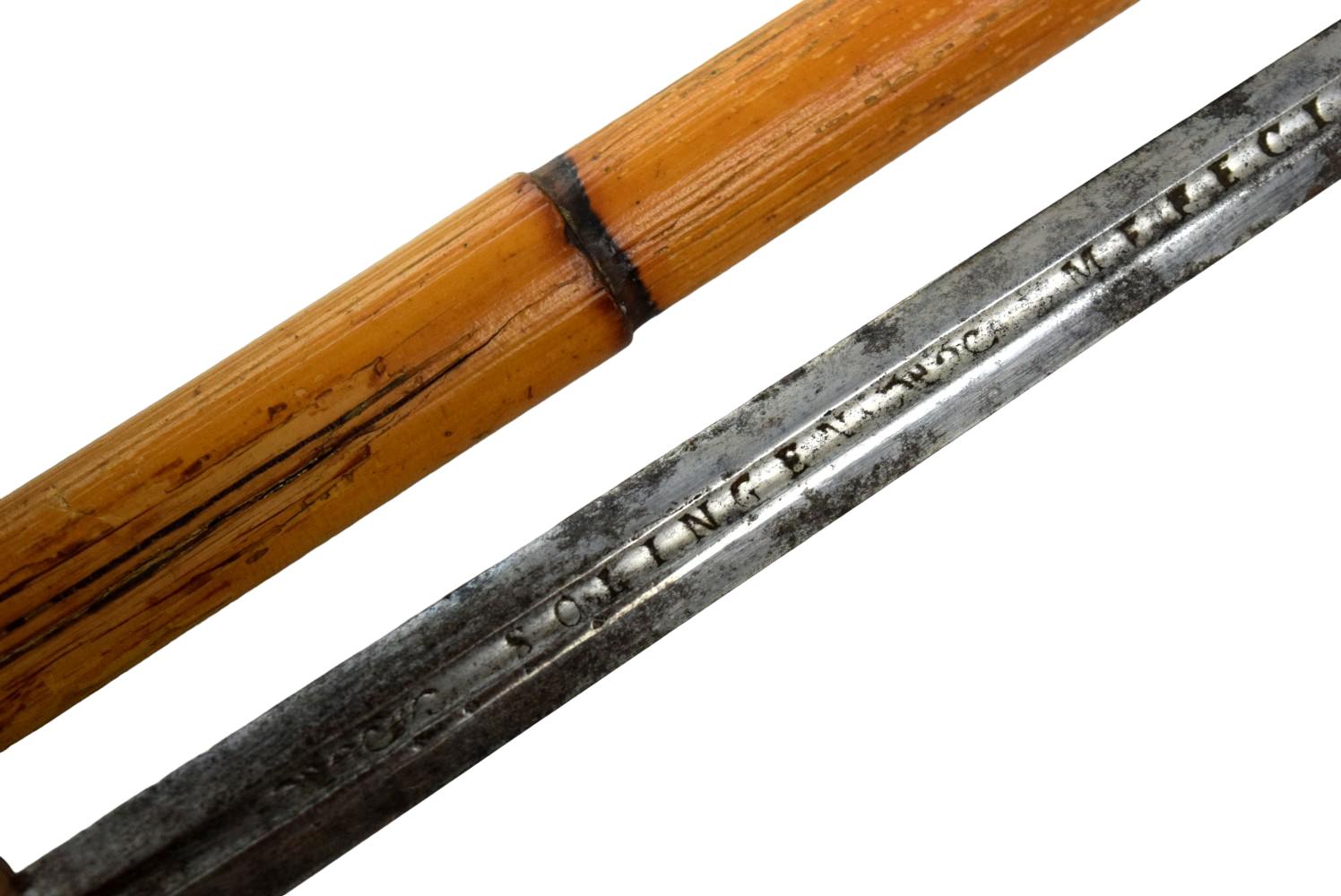 19th Century Victorian Bamboo Sword Cane with Monogrammed Metal Pommel, steel blade of 18th Century
