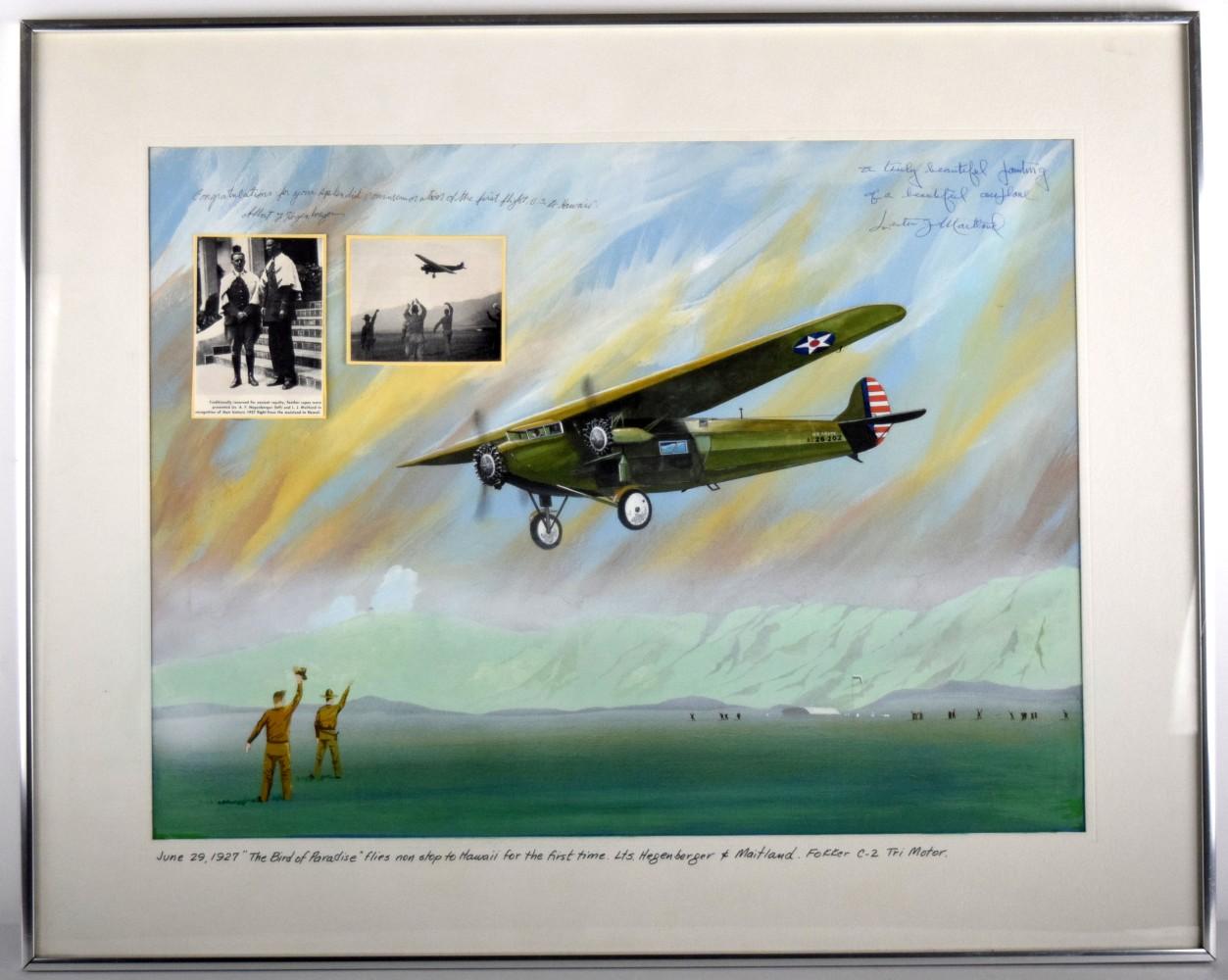 Original Painting Bird Of Paradise Airplane Autographed By L.Maitland and A.Hegenberger
