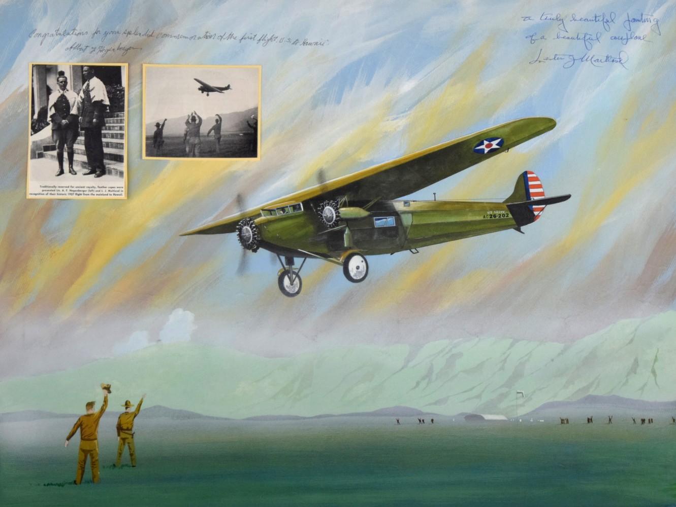 Original Painting Bird Of Paradise Airplane Autographed By L.Maitland and A.Hegenberger