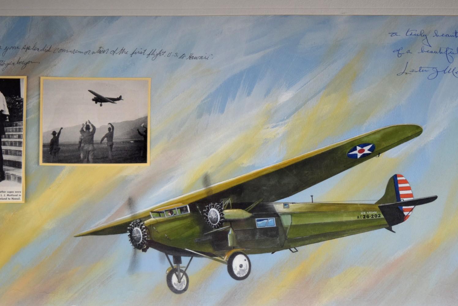 Original Painting Bird Of Paradise Airplane Autographed By L.Maitland and A.Hegenberger