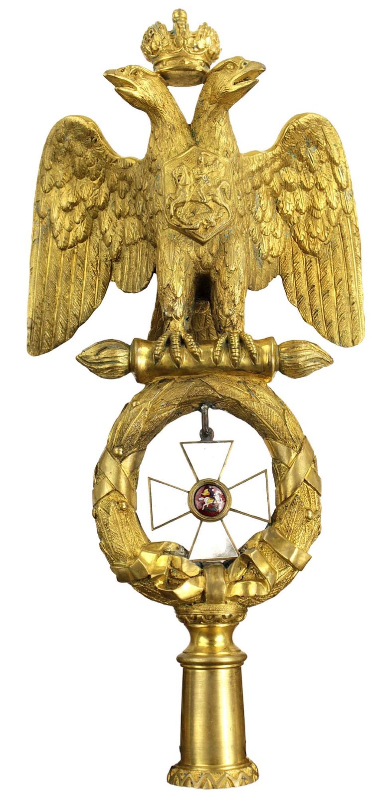 Magnificent Rare Imperial Russian Navy Guards Crew Flag Banner Top, Gilt Bronze Crowned Eagle with Large Saint George Enamel Cross Order