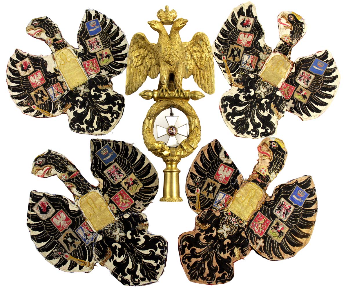 Magnificent Rare Imperial Russian Navy Guards Crew Flag Banner Top, Gilt Bronze Crowned Eagle with Large Saint George Enamel Cross Order