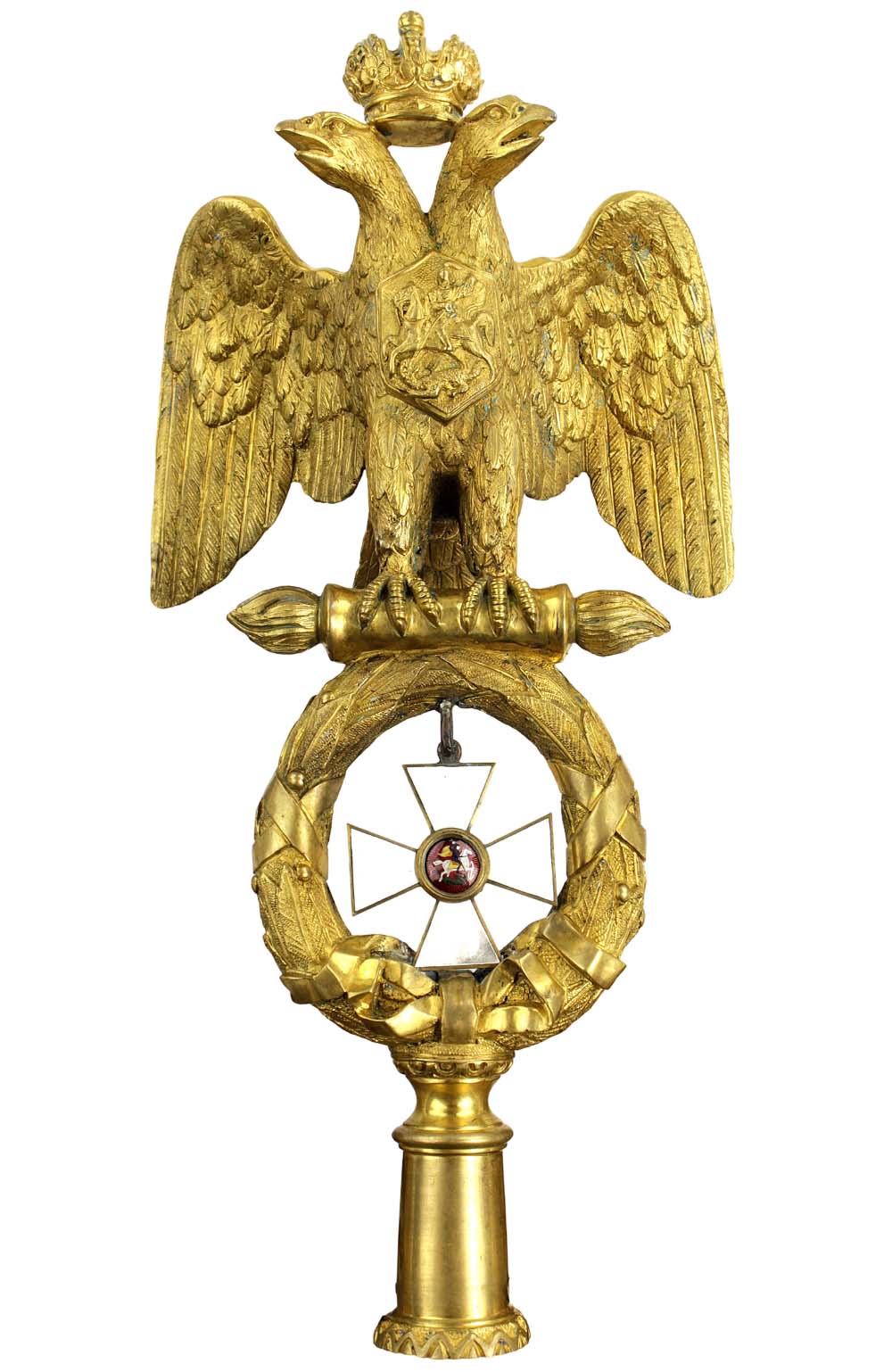 Magnificent Rare Imperial Russian Navy Guards Crew Flag Banner Top, Gilt Bronze Crowned Eagle with Large Saint George Enamel Cross Order