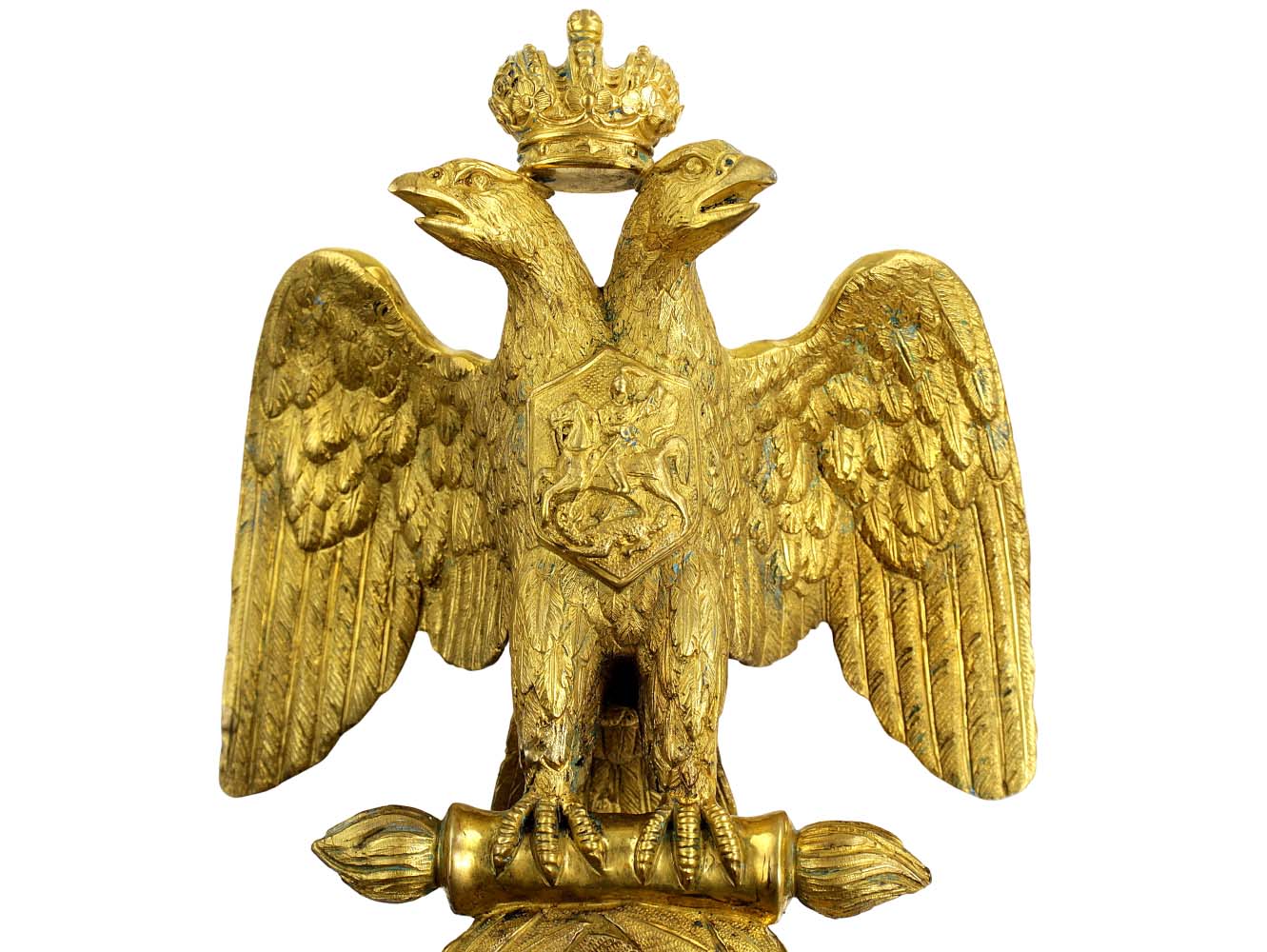 Magnificent Rare Imperial Russian Navy Guards Crew Flag Banner Top, Gilt Bronze Crowned Eagle with Large Saint George Enamel Cross Order